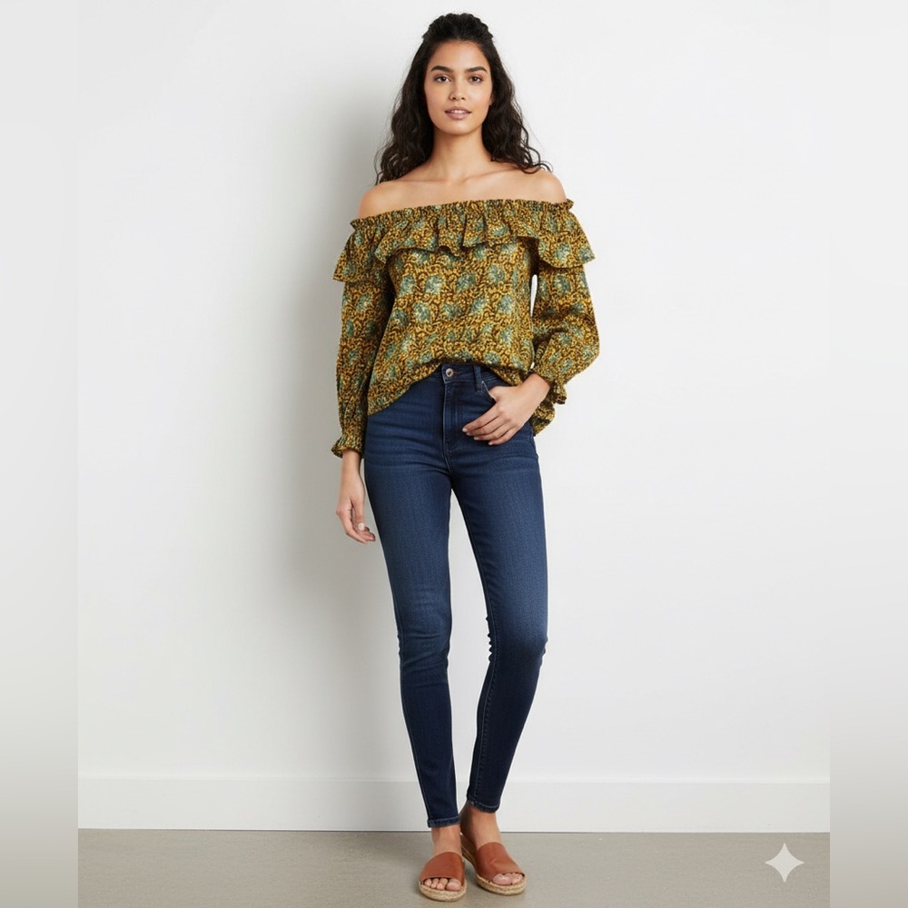 J.CREW Off The Shoulder Boho Blouse Mustard Green Ruffle Long Sleeve Shirt 6โค๏ธ